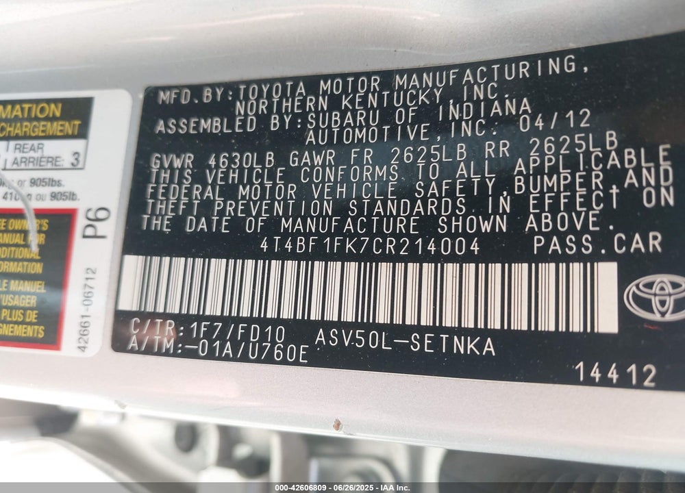2012 TOYOTA CAMRY LE VIN: 4T4BF1FK7CR214004