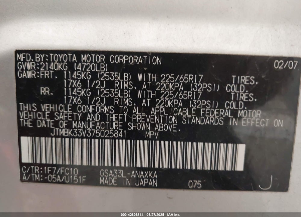 2007 TOYOTA RAV4 BASE V6 VIN: JTMBK33V375025841