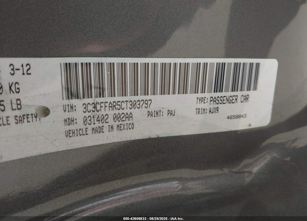 2012 FIAT 500 VIN: 3C3CFFAR5CT303797