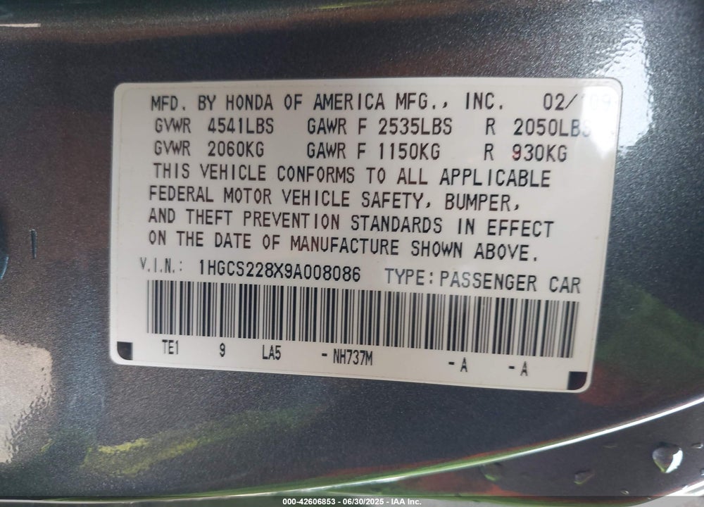 2009 HONDA ACCORD VIN: 1HGCS228X9A008086