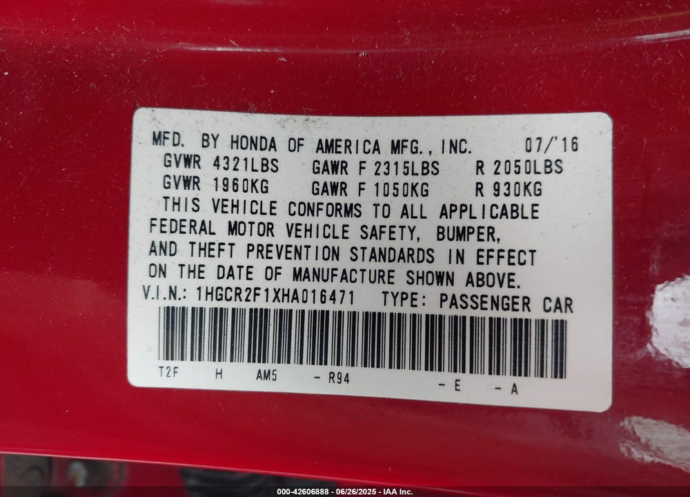 2017 HONDA ACCORD SPORT SE VIN: 1HGCR2F1XHA016471