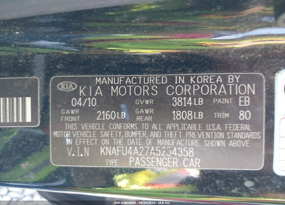 2010 KIA FORTE VIN: KNAFU4A27A5254358