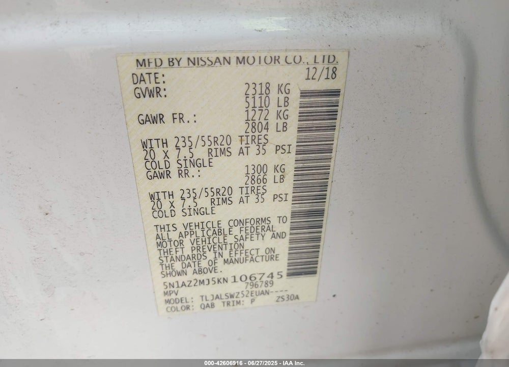 2019 NISSAN MURANO VIN: 5N1AZ2MJ5KN106745