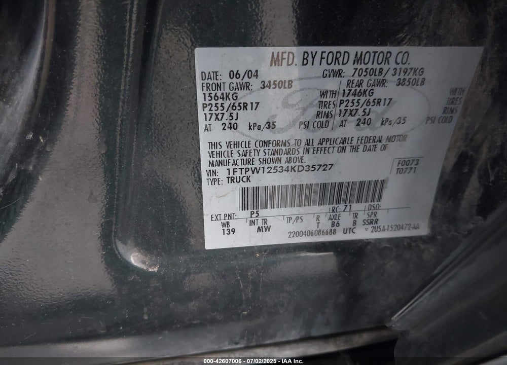 2004 FORD F-150 LARIAT/XLT VIN: 1FTPW12534KD35727