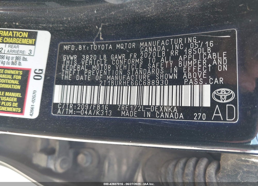 2016 TOYOTA COROLLA VIN: 2T1BURHE6GC688930