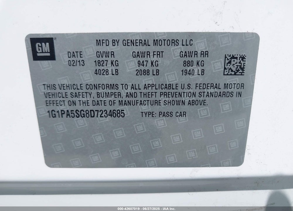2013 CHEVROLET CRUZE VIN: 1G1PA5SG8D7234685