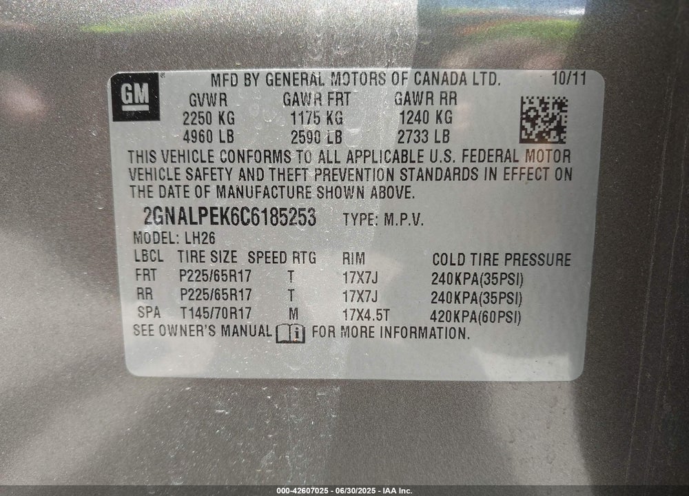 2012 CHEVROLET EQUINOX VIN: 2GNALPEK6C6185253