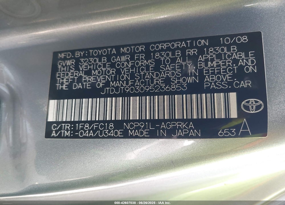 2009 TOYOTA YARIS VIN: JTDJT903095236853