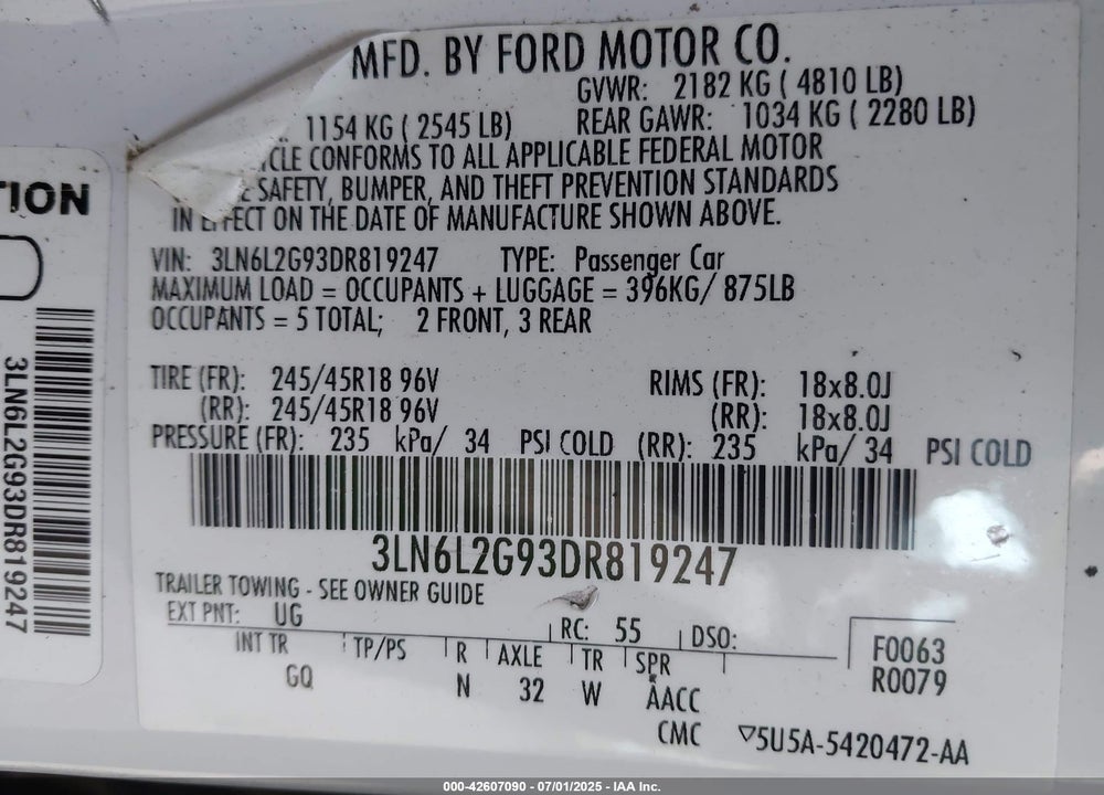 2013 LINCOLN MKZ VIN: 3LN6L2G93DR819247
