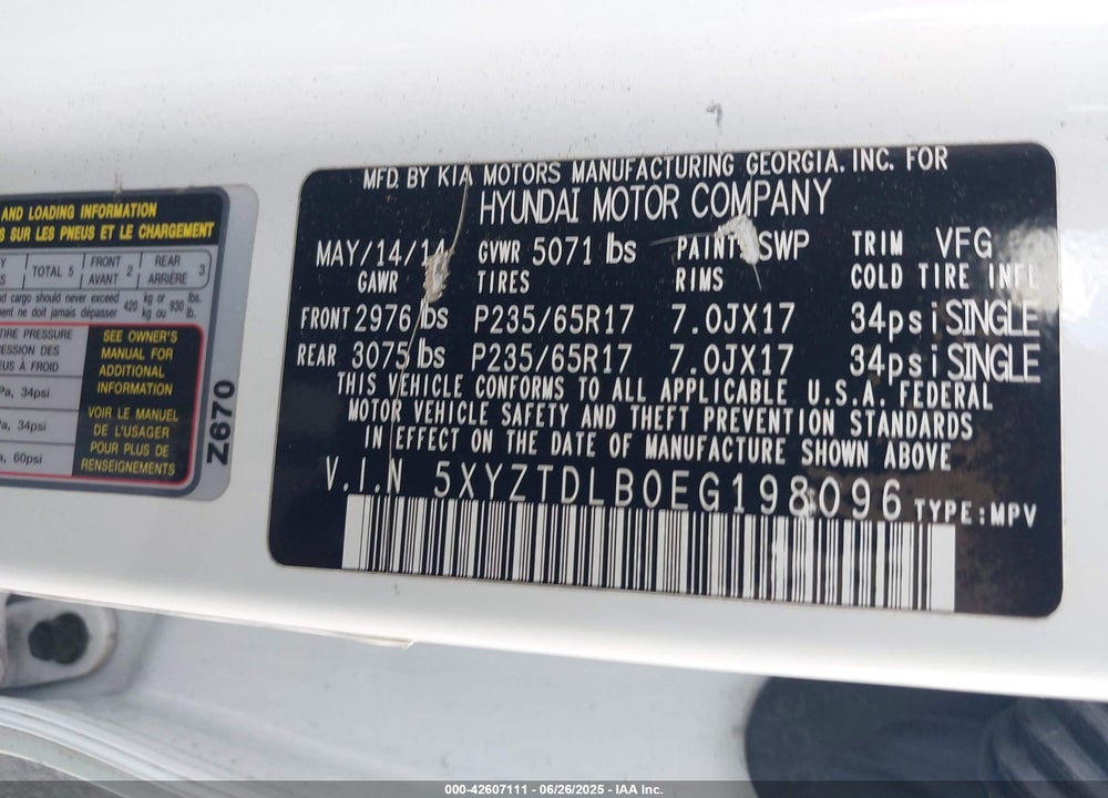 2014 HYUNDAI SANTA FE SPORT VIN: 5XYZTDLB0EG198096