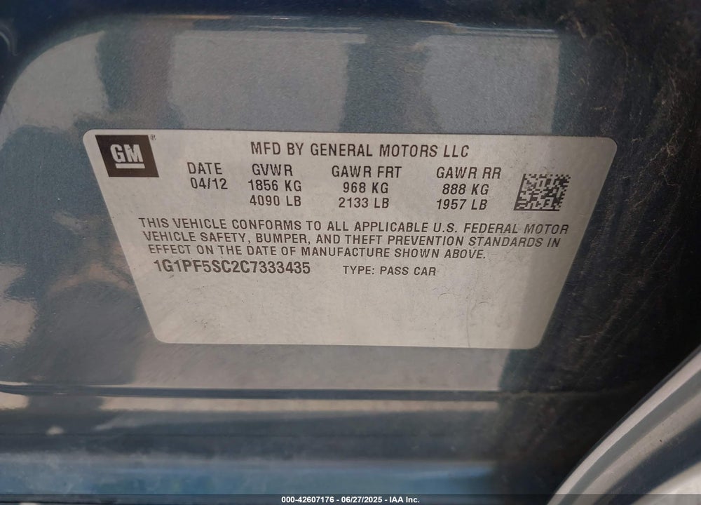 2012 CHEVROLET CRUZE VIN: 1G1PF5SC2C7333435