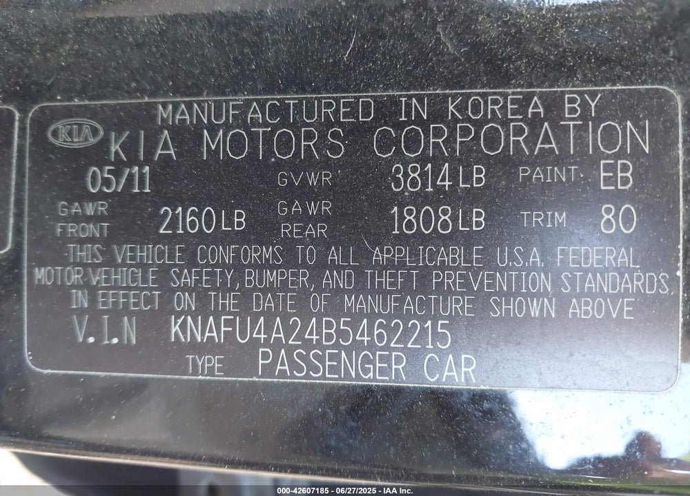 2011 KIA FORTE EX VIN: KNAFU4A24B5462215