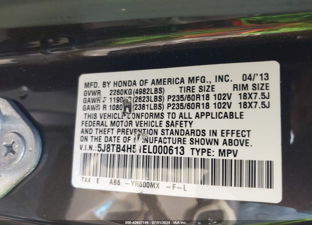 2014 ACURA RDX VIN: 5J8TB4H51EL000613