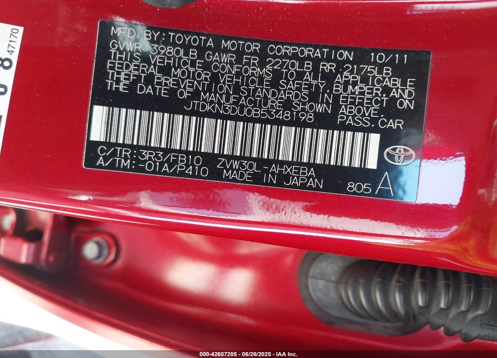 2011 TOYOTA PRIUS VIN: JTDKN3DU0B5348198
