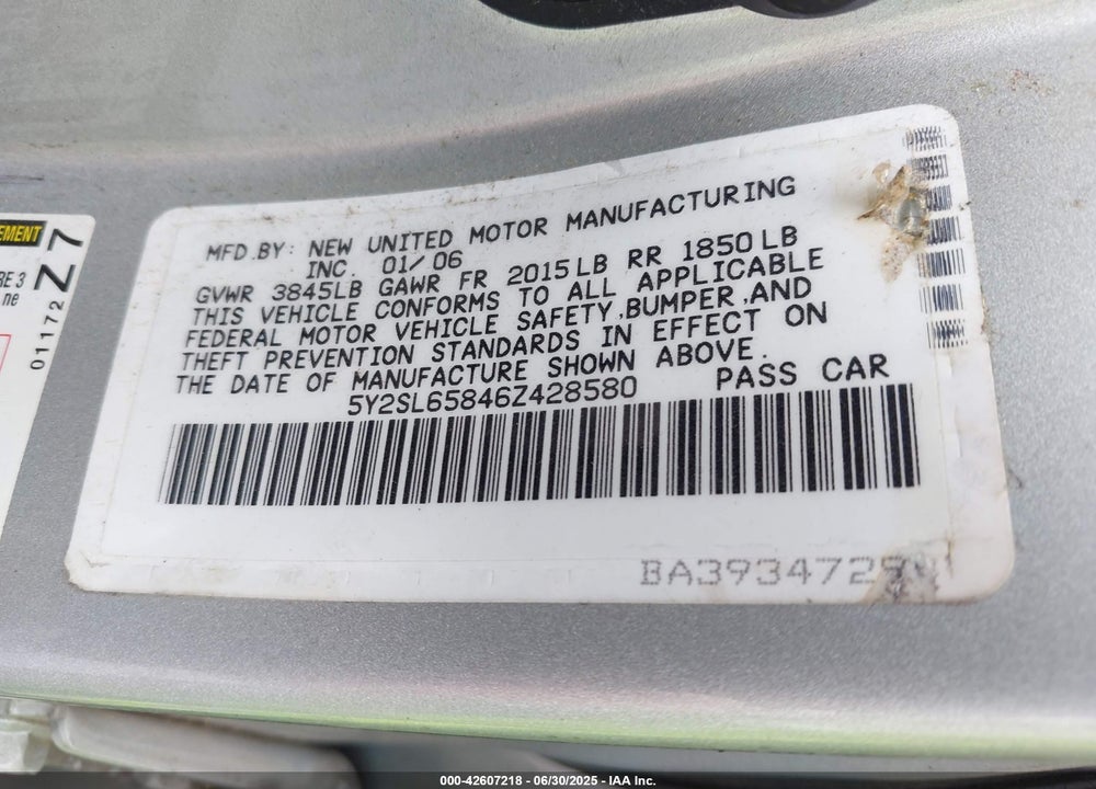 2006 PONTIAC VIBE VIN: 5Y2SL65846Z428580