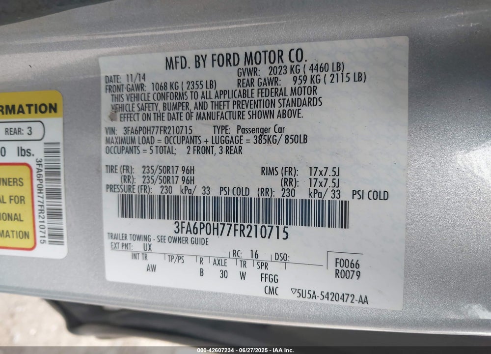 2015 FORD FUSION VIN: 3FA6P0H77FR210715
