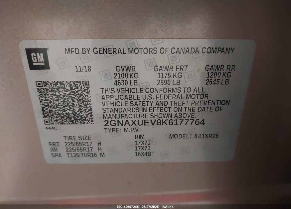 2019 CHEVROLET EQUINOX VIN: 2GNAXUEV8K6177764