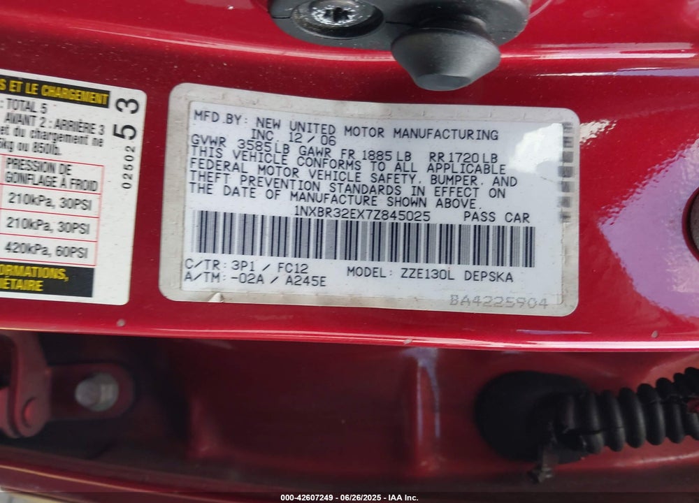 2007 TOYOTA COROLLA VIN: 1NXBR32EX7Z845025