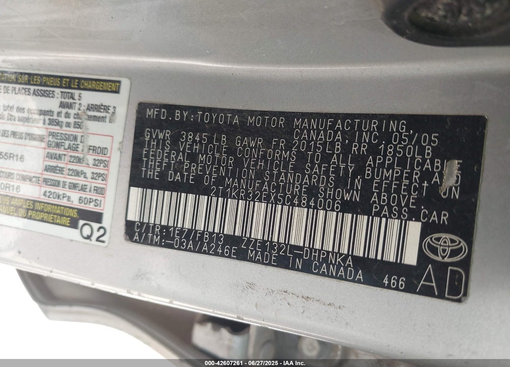 2005 TOYOTA MATRIX VIN: 2T1KR32EX5C484006