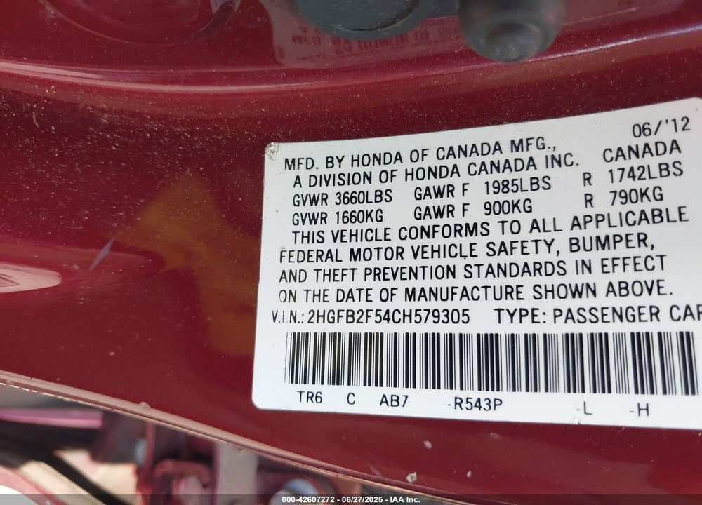 2012 HONDA CIVIC VIN: 2HGFB2F54CH579305