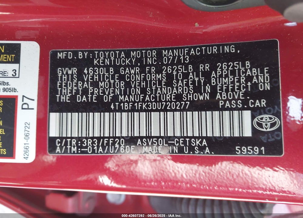 2013 TOYOTA CAMRY VIN: 4T1BF1FK3DU720277
