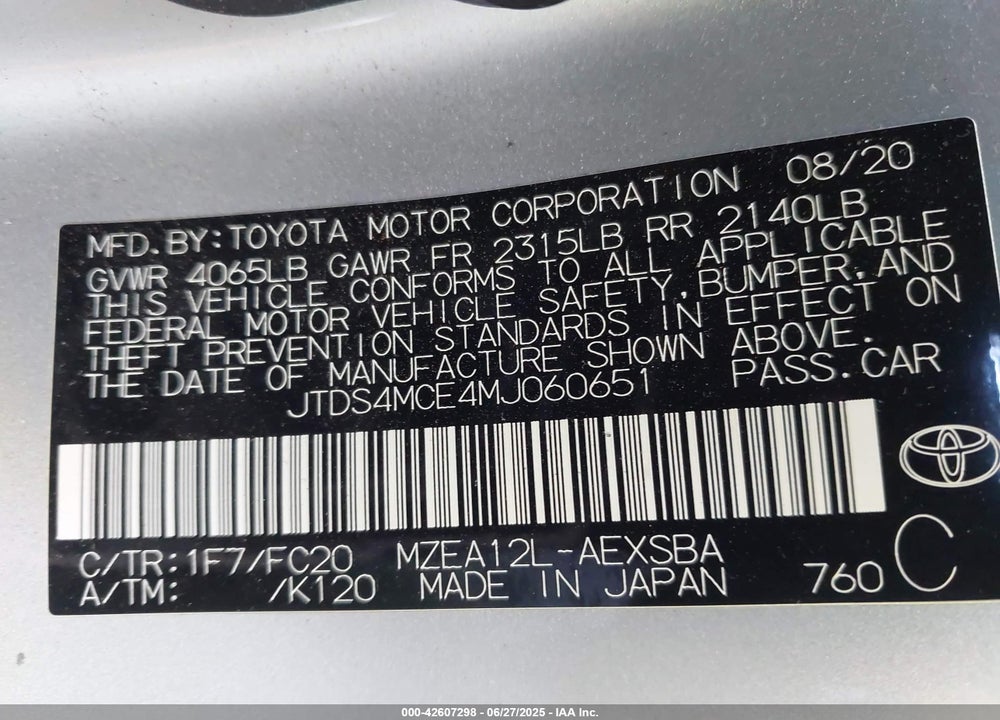 2021 TOYOTA COROLLA SE VIN: JTDS4MCE4MJ060651