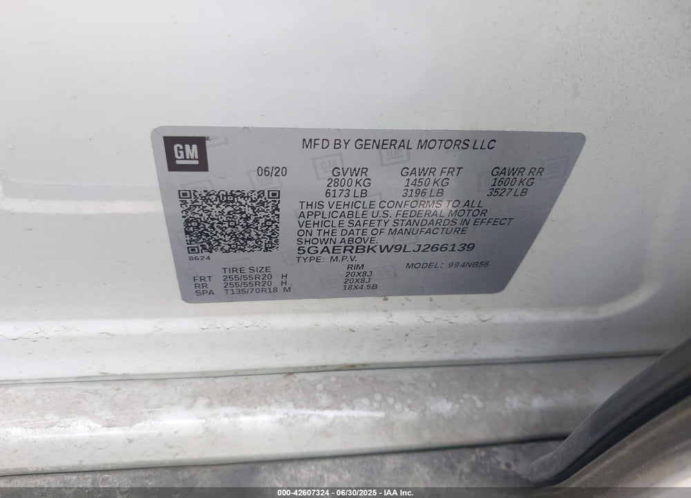 2020 BUICK ENCLAVE VIN: 5GAERBKW9LJ266139