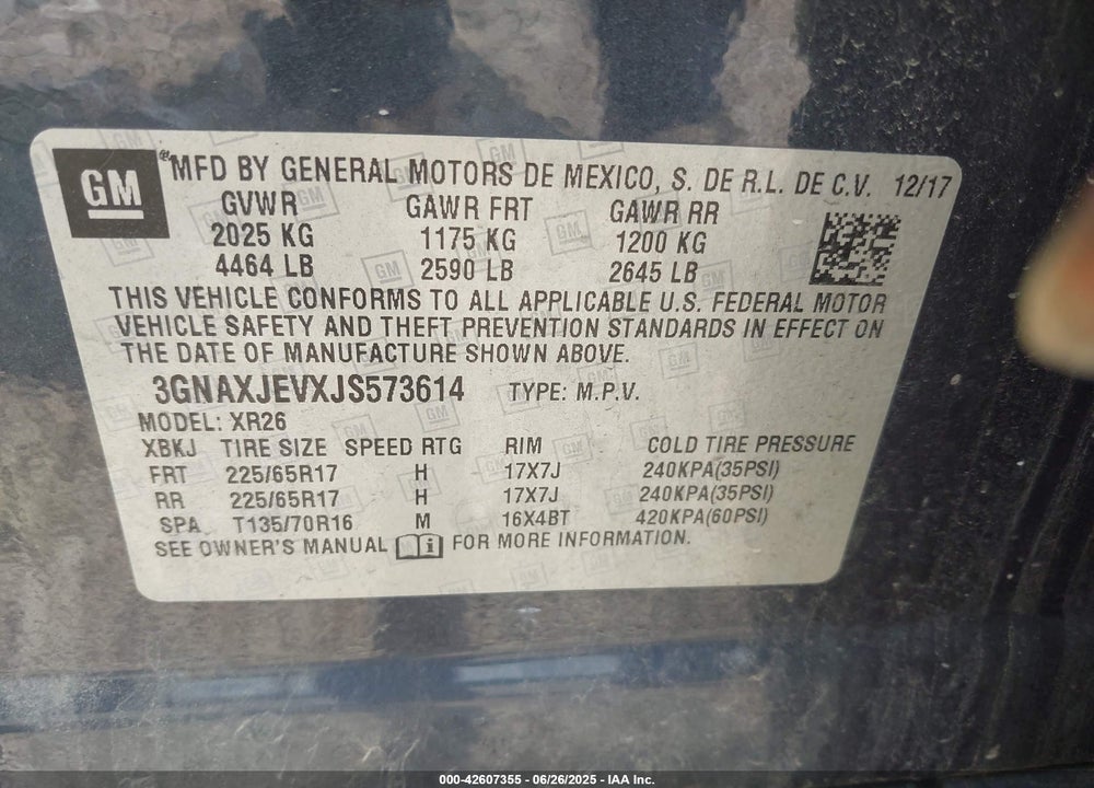 2018 CHEVROLET EQUINOX VIN: 3GNAXJEVXJS573614