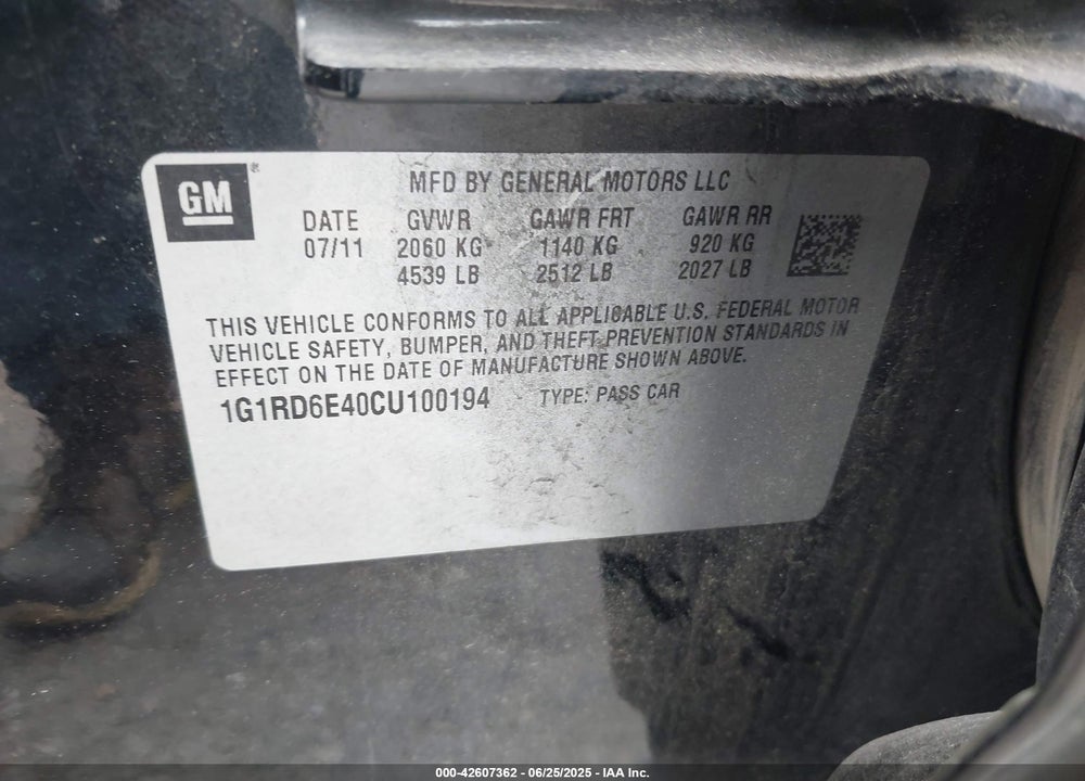 2012 CHEVROLET VOLT VIN: 1G1RD6E40CU100194