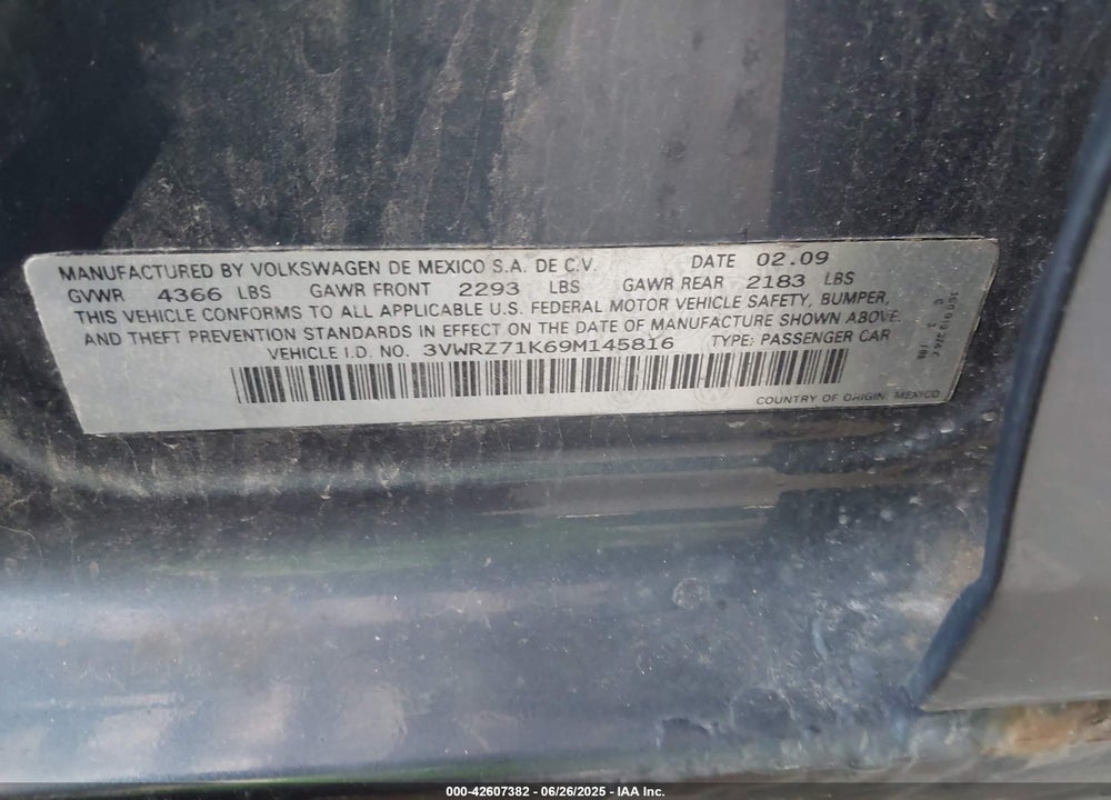 2009 VOLKSWAGEN JETTA VIN: 3VWRZ71K69M145816