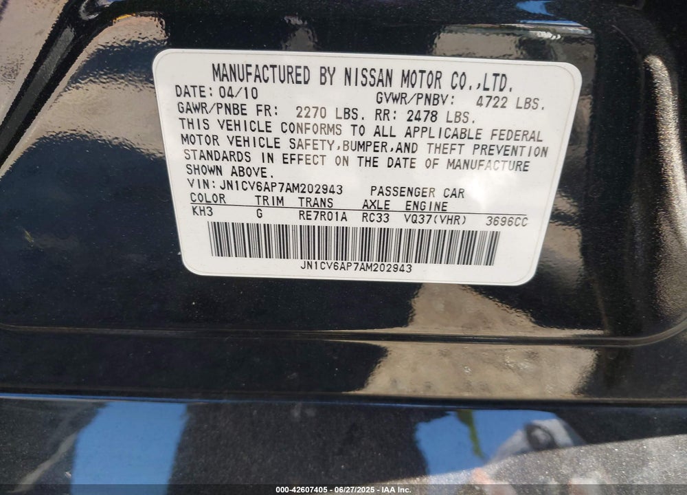 2010 INFINITI G37 VIN: JN1CV6AP7AM202943