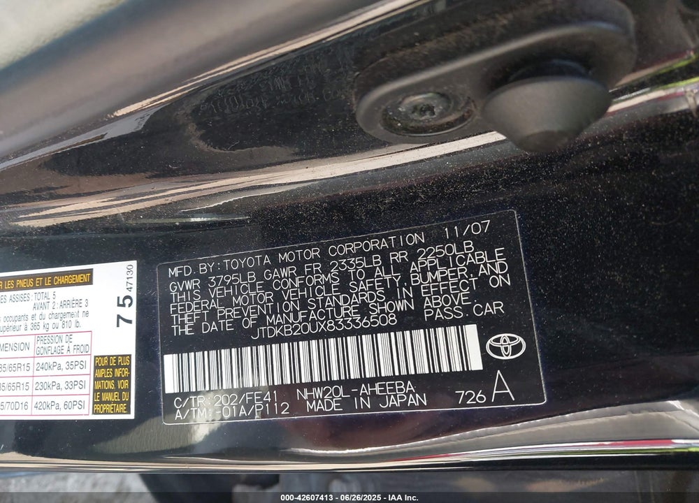 2008 TOYOTA PRIUS VIN: JTDKB20UX83336508