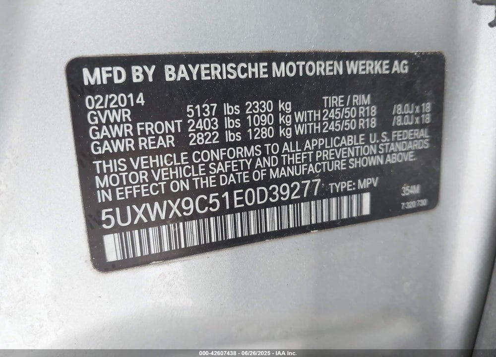 2014 BMW X3 XDRIVE28I VIN: 5UXWX9C51E0D39277