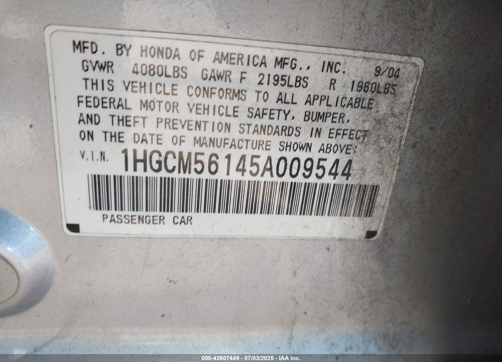 2005 HONDA ACCORD 2.4 DX VIN: 1HGCM56145A009544