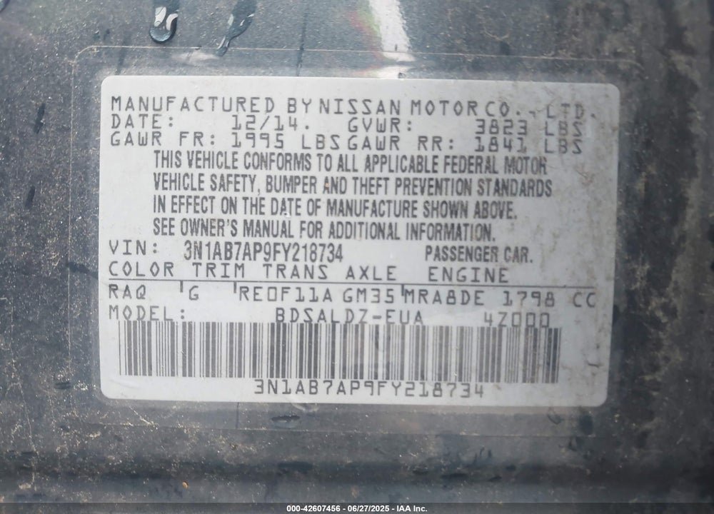 2015 NISSAN SENTRA FE+ S/S/SL/SR/SV VIN: 3N1AB7AP9FY218734