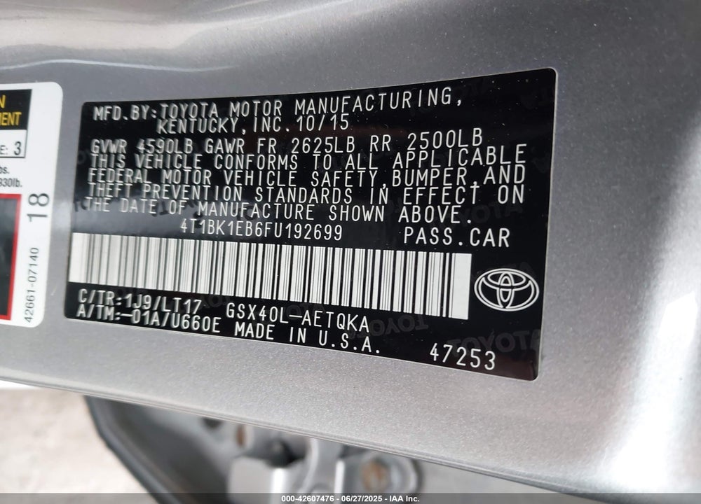2015 TOYOTA AVALON VIN: 4T1BK1EB6FU192699