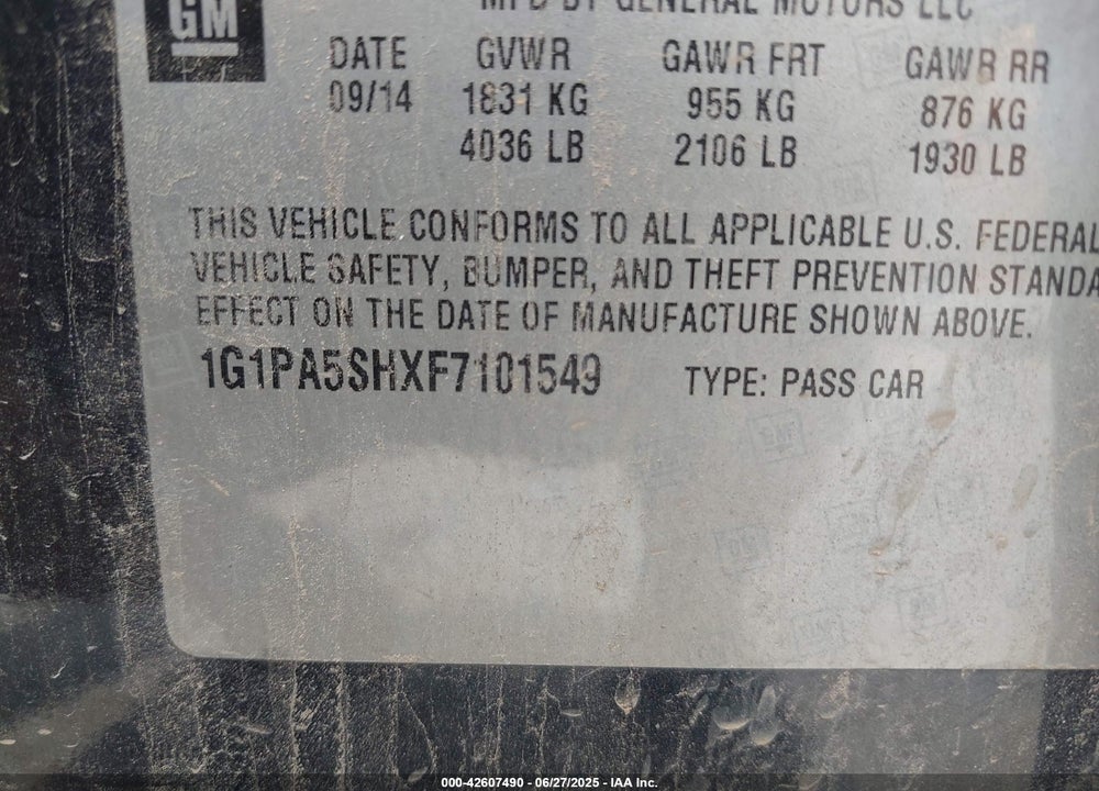 2015 CHEVROLET CRUZE VIN: 1G1PA5SHXF7101549