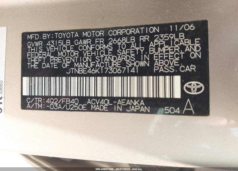 2007 TOYOTA CAMRY LE VIN: JTNBE46K173067141