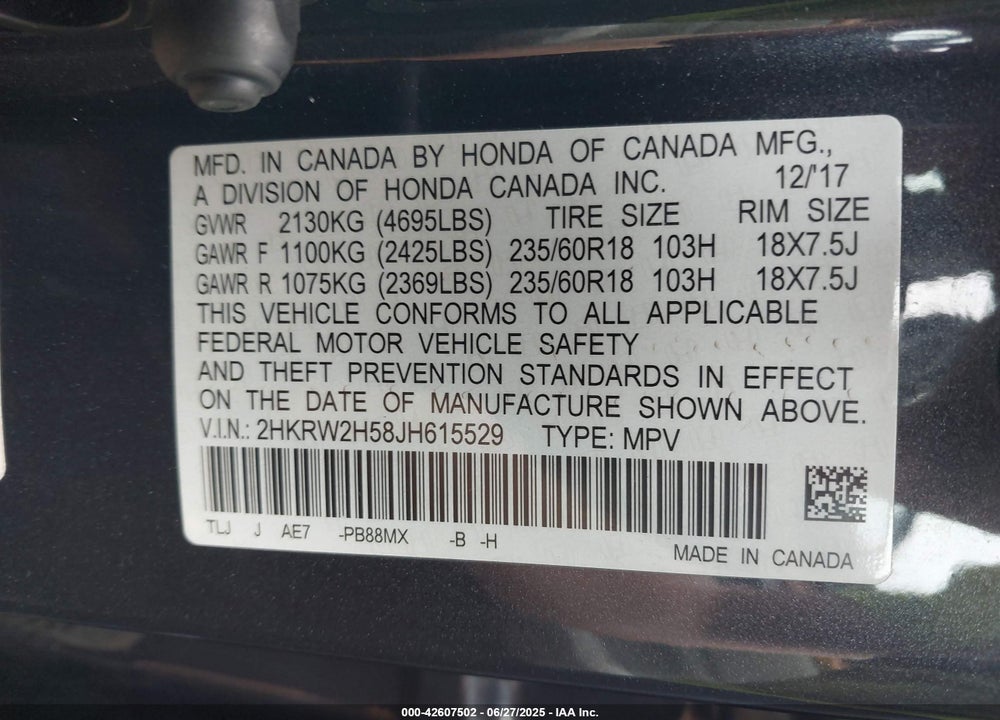 2018 HONDA CR-V EX VIN: 2HKRW2H58JH615529