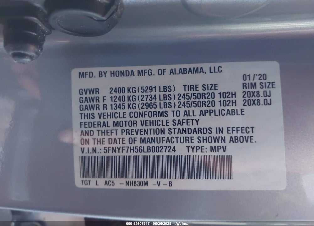 2020 HONDA PASSPORT VIN: 5FNYF7H56LB002724