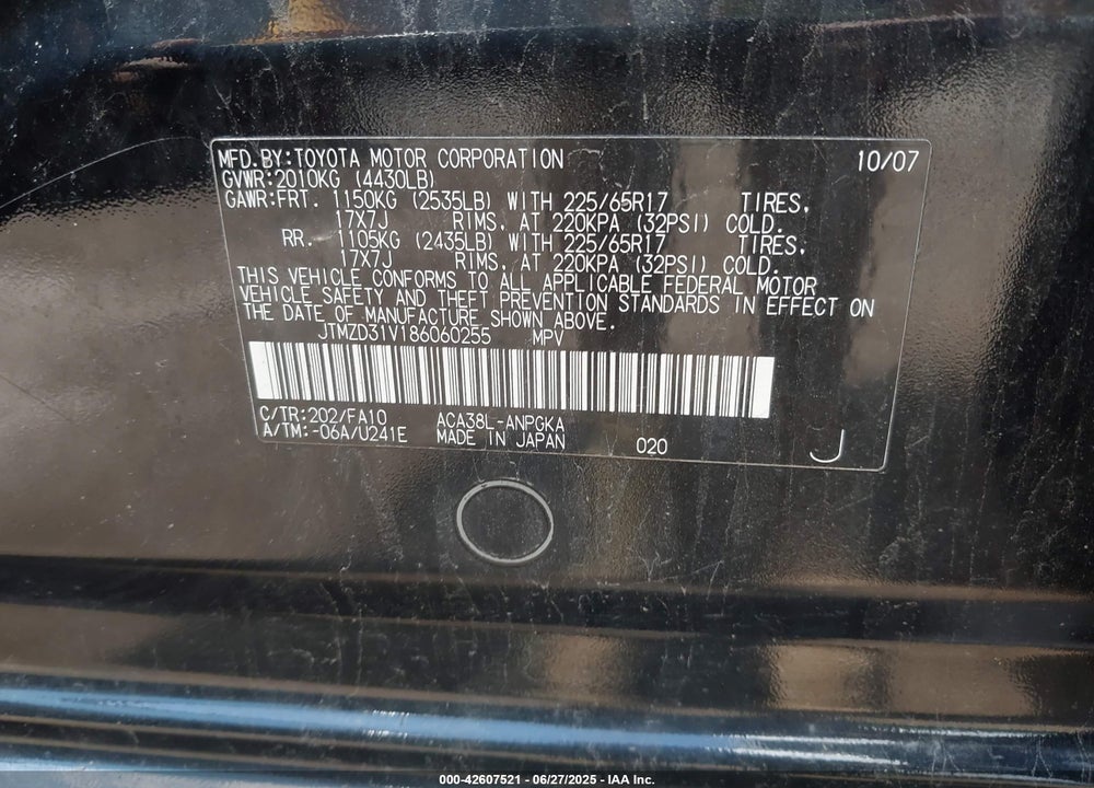 2008 TOYOTA RAV4 VIN: JTMZD31V186060255