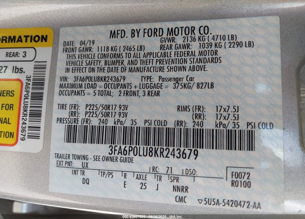2019 FORD FUSION HYBRID VIN: 3FA6P0LU8KR243679