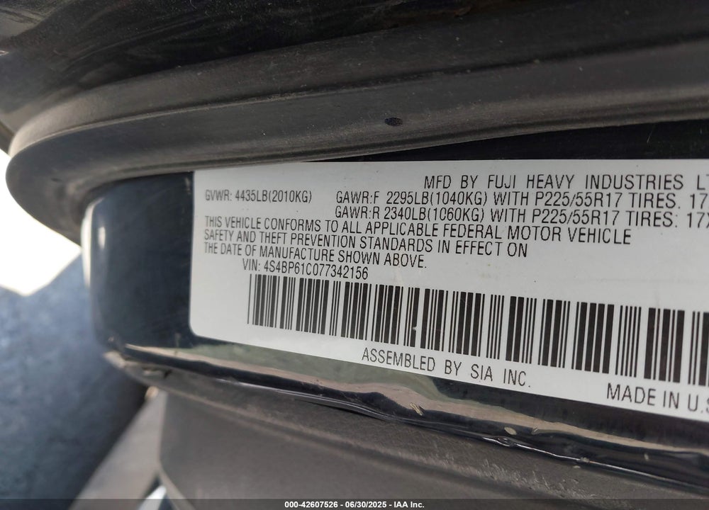 2007 SUBARU OUTBACK VIN: 4S4BP61C077342156