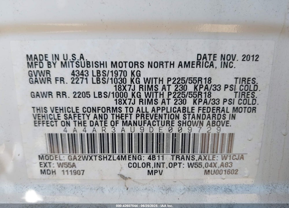 2013 MITSUBISHI OUTLANDER SPORT ES VIN: 4A4AR3AU9DE009729