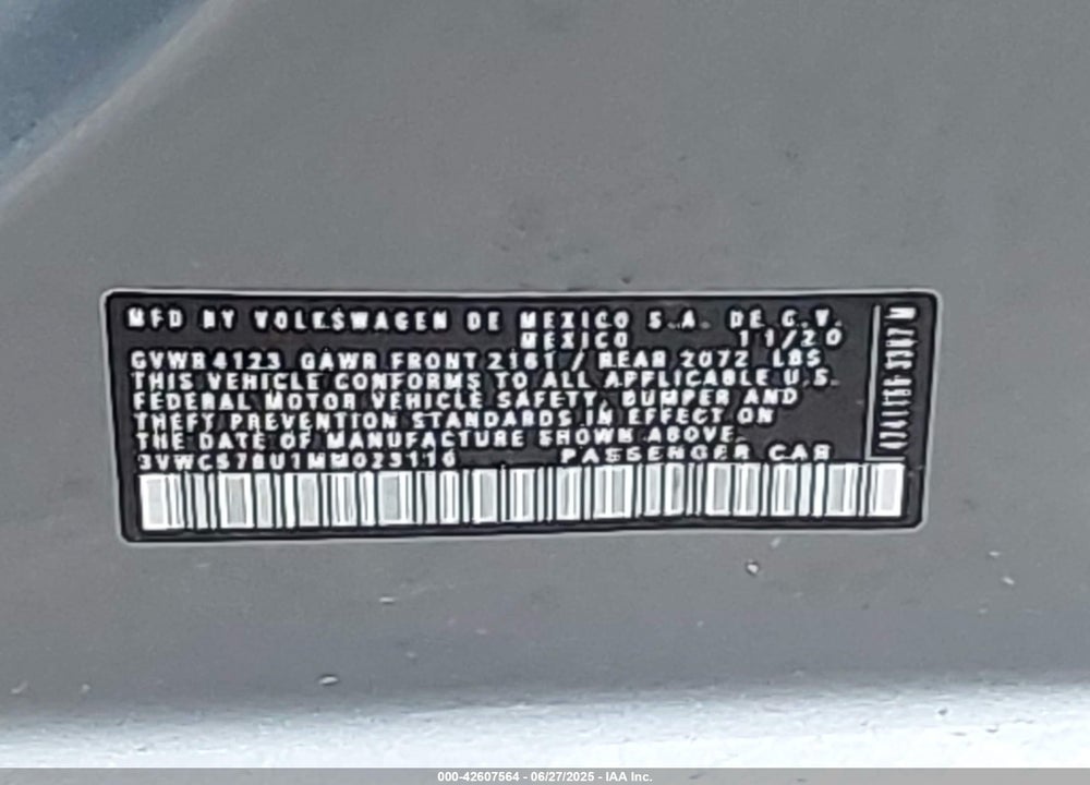 2021 VOLKSWAGEN JETTA VIN: 3VWC57BU1MM023116