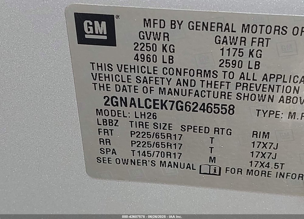 2016 CHEVROLET EQUINOX LT VIN: 2GNALCEK7G6246558