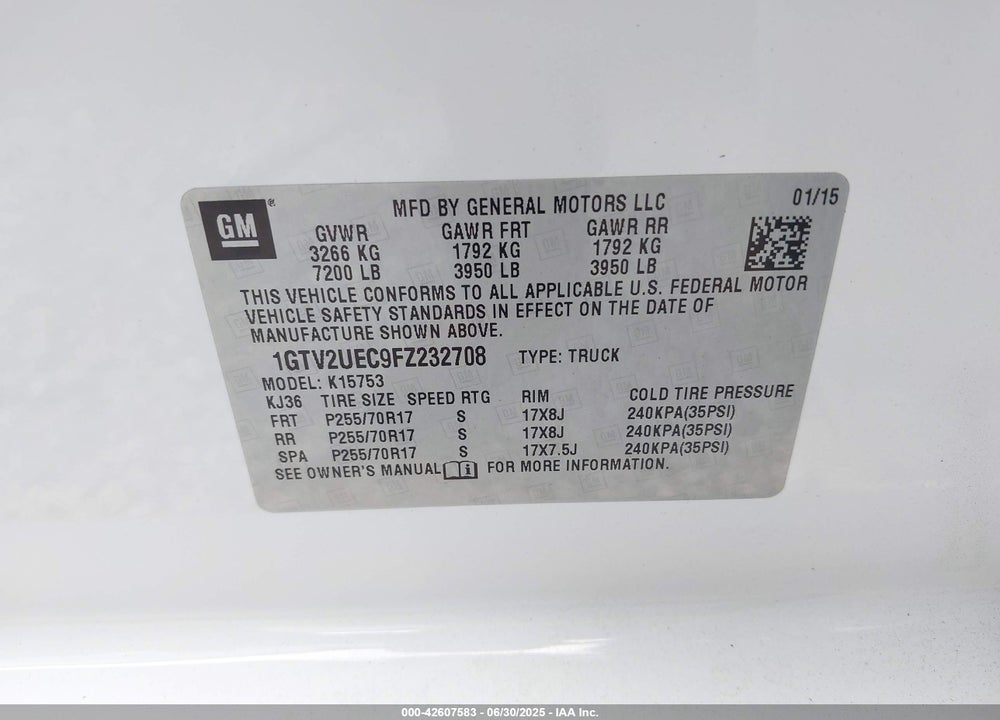 2015 GMC SIERRA 1500 SLE VIN: 1GTV2UEC9FZ232708