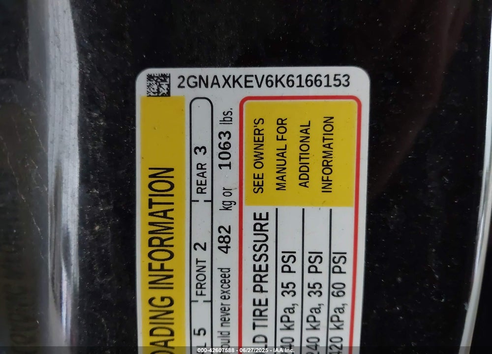 2019 CHEVROLET EQUINOX VIN: 2GNAXKEV6K6166153