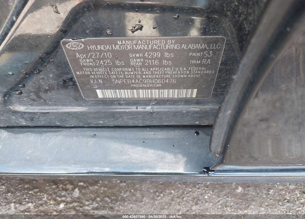 2011 HYUNDAI SONATA VIN: 5NPEB4AC9BH060476