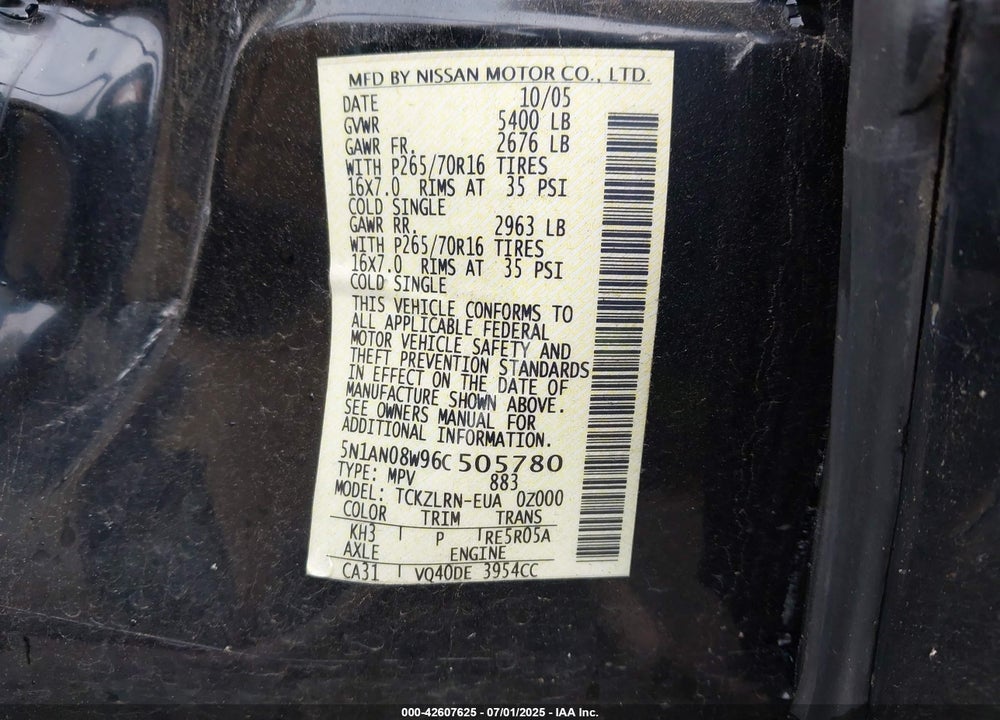 2006 NISSAN XTERRA S VIN: 5N1AN08W96C505780